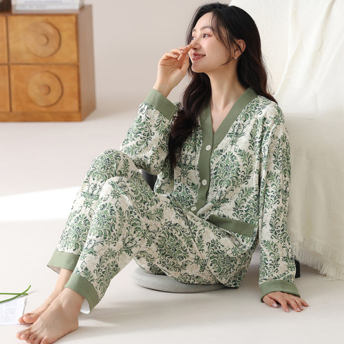 睡衣女款春秋冬季纯棉长袖开衫纽扣加肥加大码胖mm200斤家居服5XL