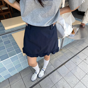 yesyellow 韩系新款下摆木耳边显瘦短裙防走光高腰A字半身裙女