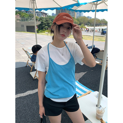yesyellow 挂脖吊带配短袖T恤两件套女2025夏款清新时尚套装