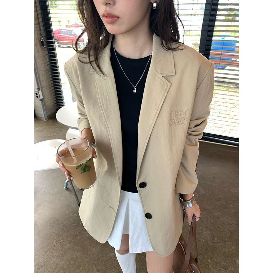 yesyellow韩版秋季新款剪裁系列明线绗缝廓形宽松西装外套女