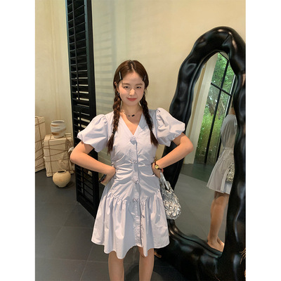 yesyellow法式V领立体花朵收腰连衣裙女修身A字短款裙