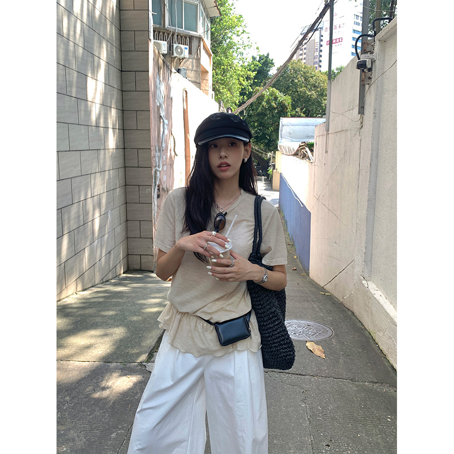 yesyellow韩版燕麦色休闲T恤设计款宽松显瘦木耳边下摆上衣