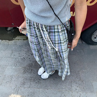 yesyellow 韩系洋气复古半身裙夏季松紧腰系带拼色格纹显瘦长裙