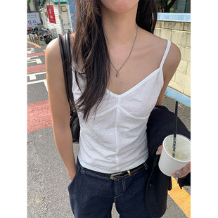 yesyellow韩版早秋新款棉质褶皱吊带背心可调节V领辣妹上衣