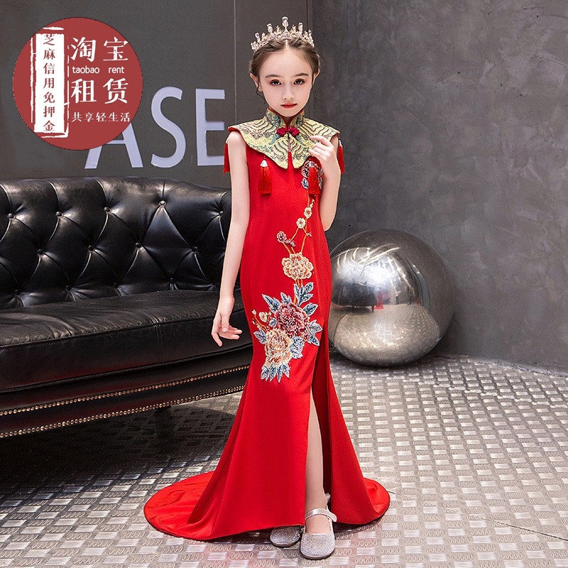 女童中国风晚礼服出租 女孩子模特T台走秀国风鱼尾刺绣演出服租赁
