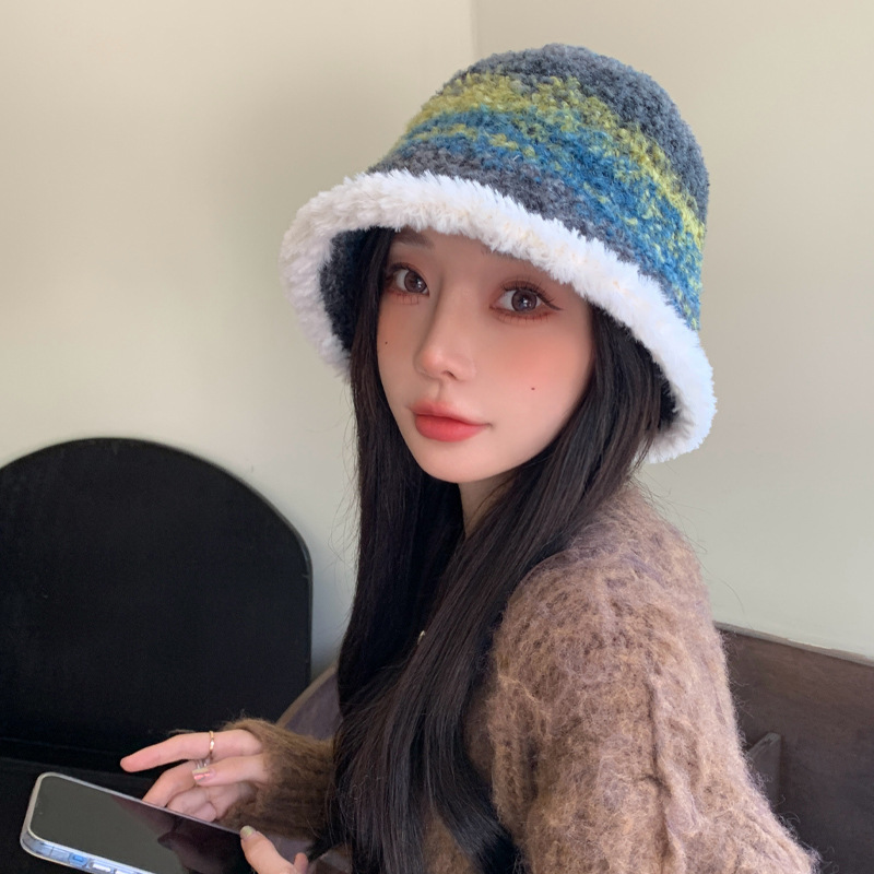 韩版秋冬新款帽子女渐变色仿羊羔渔夫帽多巴胺冬季保暖毛绒绒盆帽