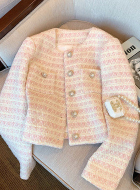 小香风编织外套女春秋季2025新款气质宽松珍珠扣开衫时尚短款上衣