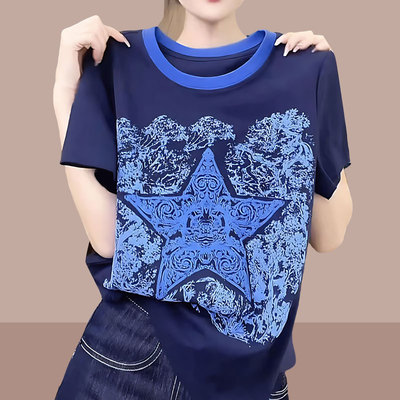 夏季T恤衫女2025新款圆领拼色设计感五角星印花纯棉洋气短袖上衣