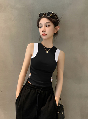 2025新款夏季黑色无袖背心吊带女拼接设计感小众针织薄款内搭上衣
