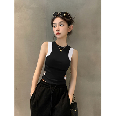 2025新款夏季黑色无袖背心吊带女拼接设计感小众针织薄款内搭上衣