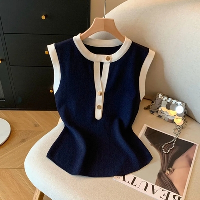 宝蓝色针织衫背心2025新款夏季设计感撞色薄款宽松显瘦无袖上衣女