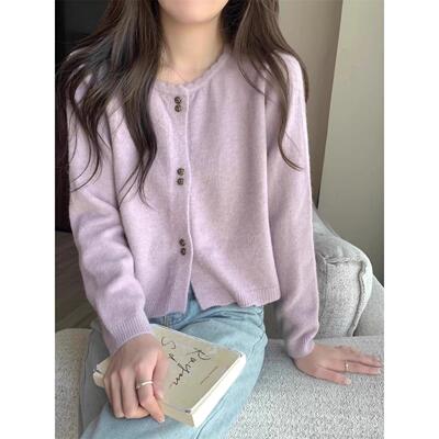 温柔慵懒风毛衣外套女士春秋早秋小香风圆领短款针织开衫长袖上衣