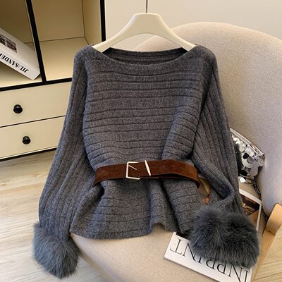 秋冬一字肩毛毛拼接长袖针织衫