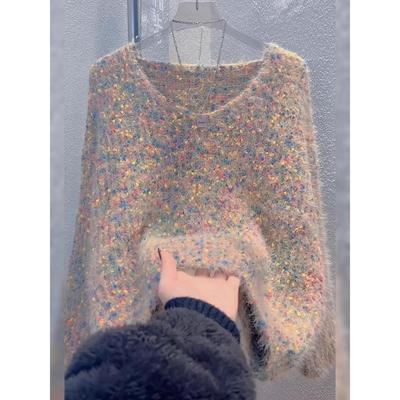 慵懒风高级感彩色点点毛衣女2025春秋V领套头宽松加厚上衣针织衫
