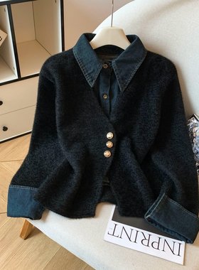 自留款推荐~牛仔拼接假两件针织衫女秋冬新款小香风软糯毛衣外套