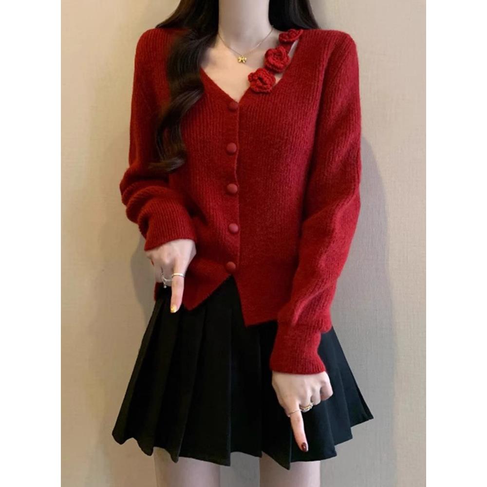 立体花朵V领正肩毛衣外套女2025冬新款大码胖mm针织开衫洋气上衣