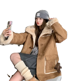 咖色温柔风连帽麂皮绒皮毛一体羊羔毛外套女秋冬2025新款爆款棉服，女装皮草，浙宝179