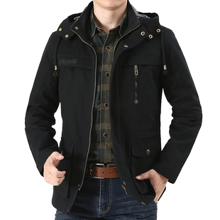 夹克男中青年男装中长款纯棉大码工装立领夹克衫休闲外套春秋上衣