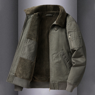 冬季新品棉衣加绒加厚宽松美式复古翻领夹克式棉袄外套中老年男士