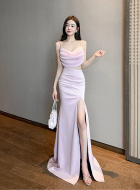 性感吊带抹胸晚礼服女长裙高开叉镂空显瘦气质宴会女支持人表演服