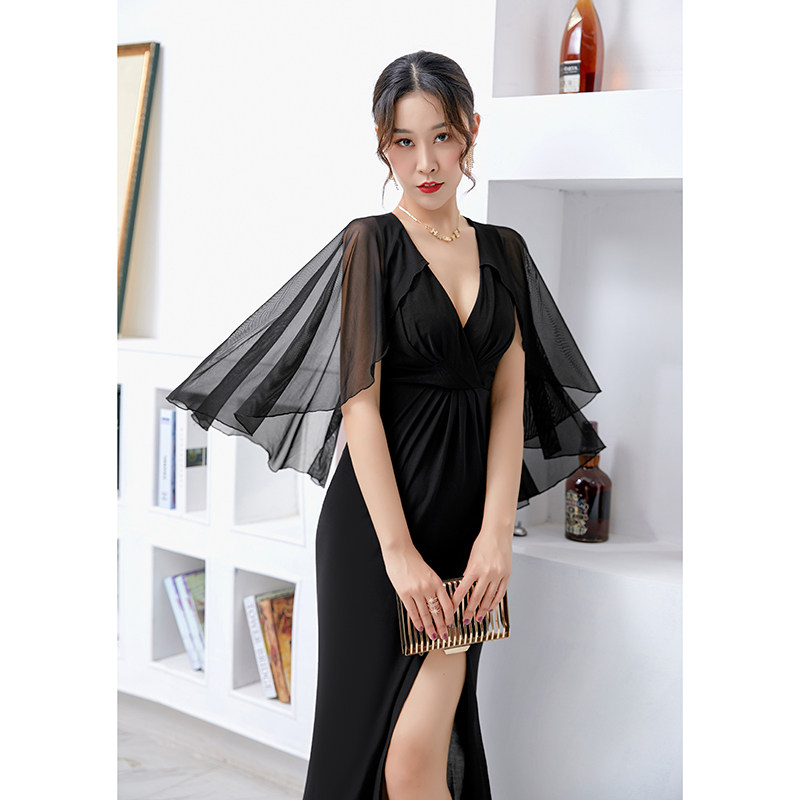 性感连衣裙v领披肩袖收腰显瘦裙子 低胸气质夜场晚礼服长款黑色女