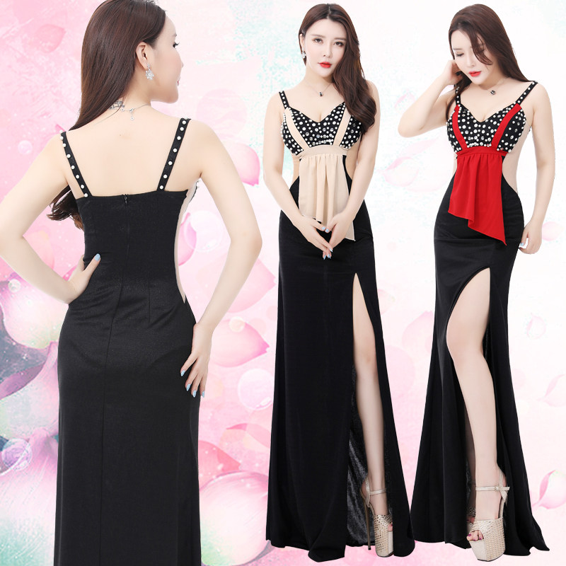 2024新款夜店晚礼服性感长款开叉珍珠亮钻长裙KTV佳丽酒店工作服