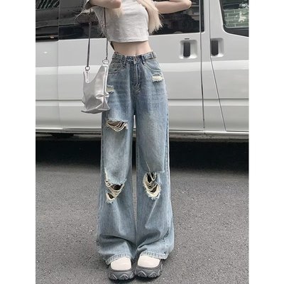 美式高街复古破洞牛仔裤女夏季高腰显瘦阔腿裤梨形身材遮胯直筒裤