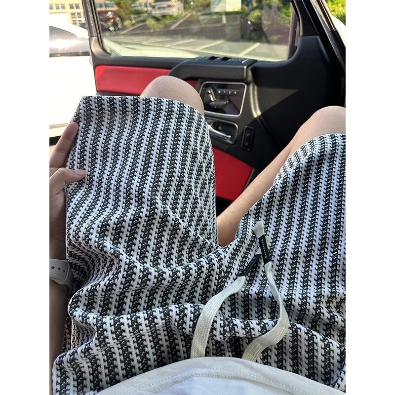小香风针织条纹短裤男女款夏季宽松休闲立体感复古直筒五分运动裤