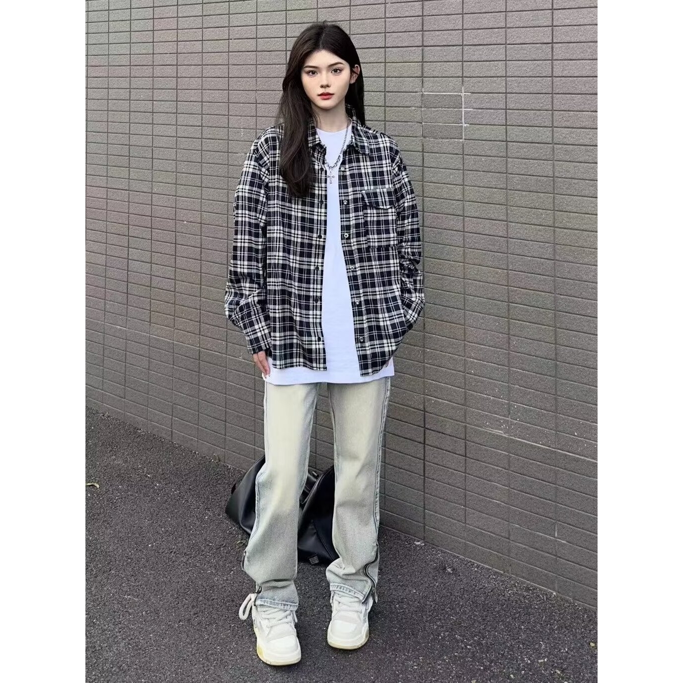 经典黑白格子长袖衬衫男春季新款日式复古高级感潮牌宽松上衣外套