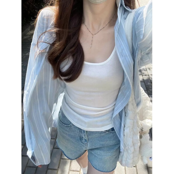 刺绣条纹衬衫女2025春秋新款设计感宽松休闲慵懒长袖防晒开衫上衣