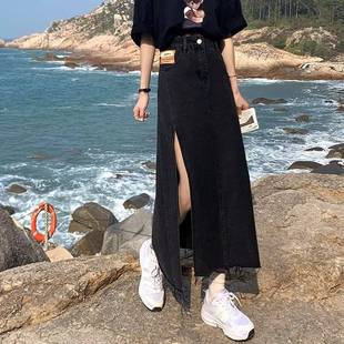 开叉牛仔半身裙女夏季 高腰显瘦小个子遮胯a字包臀长裙 2024年新款