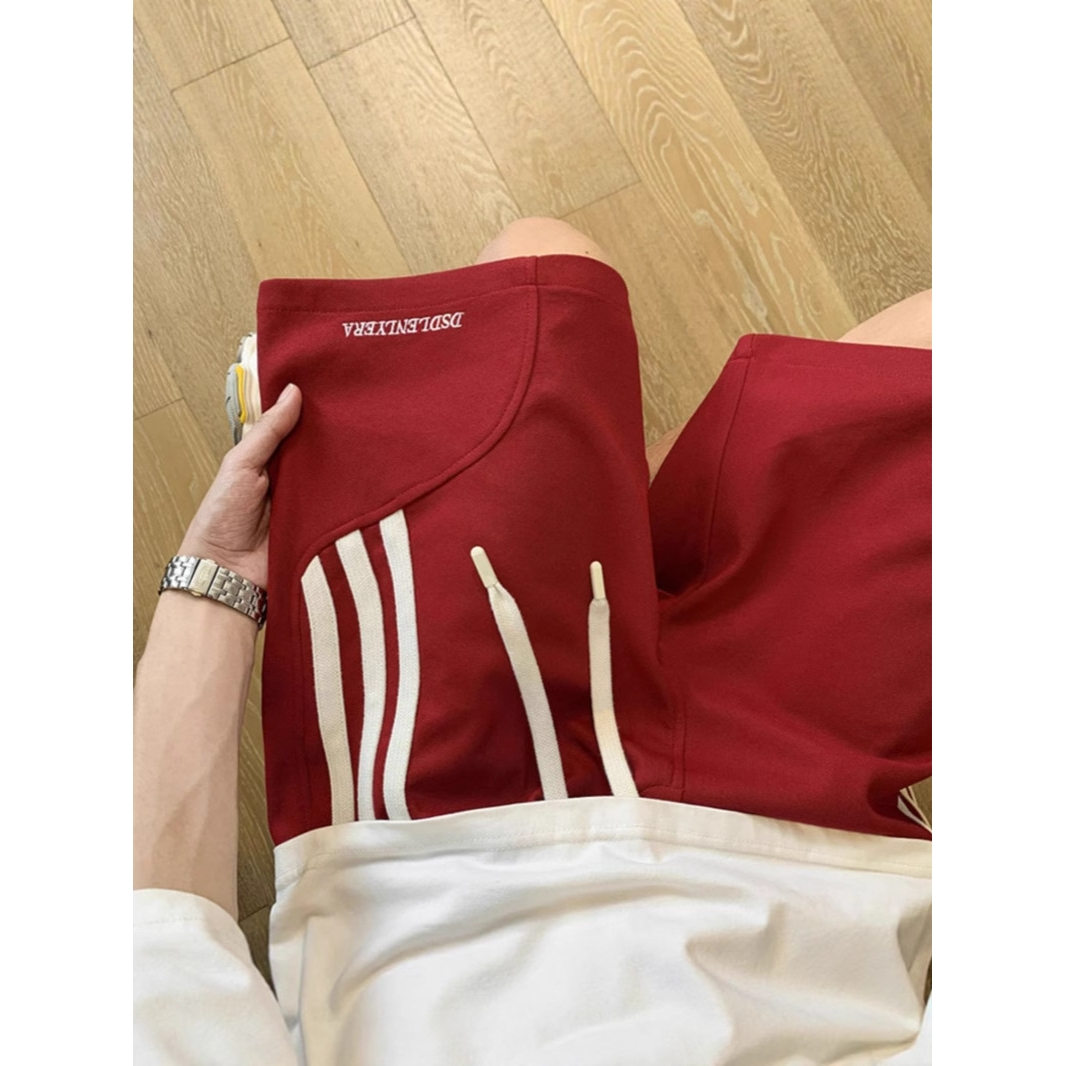 红色运动篮球短裤男款夏季外穿三条杠裤子美式重磅过膝五分中裤