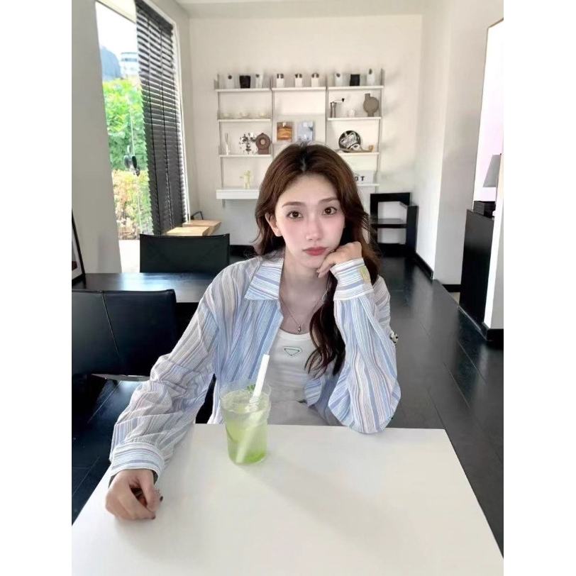 文艺气质条纹中长款宽松显瘦衬衫2025春季新款韩版长袖翻领上衣潮