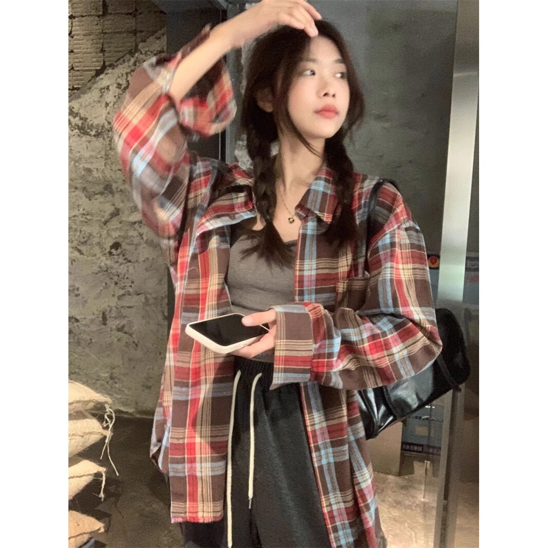 韩版红色复古长袖衬衫女ins夏季百搭休闲情侣装衬衣外套衬衣格纹1