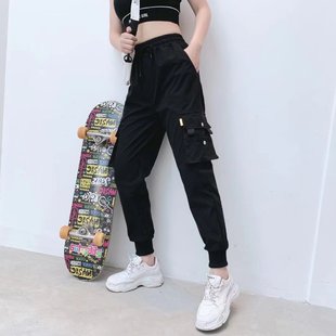 子休閑哈倫褲 女褲 褲 薄款 九分黑色運動寬松束腳褲 春夏季 小個子工裝