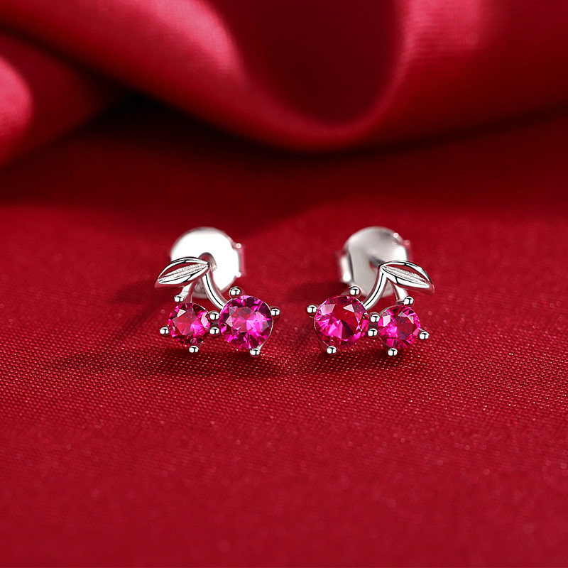 新品 S925银耳钉女甜美小樱桃耳环2019新潮款红色可爱车厘子耳饰