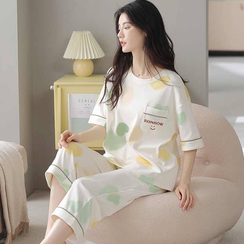 南极人睡衣女士春秋季纯棉短袖薄款七分裤家居服套装2023年新款夏
