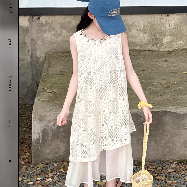 夏季新款中大童韩系叠穿背心裙蕾丝拼接高品质裙子女童潮流连衣裙