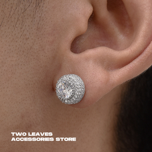 TWO LEAVES S925纯银圆形高碳钻耳钉潮嘻哈街头锆石男女满钻耳饰