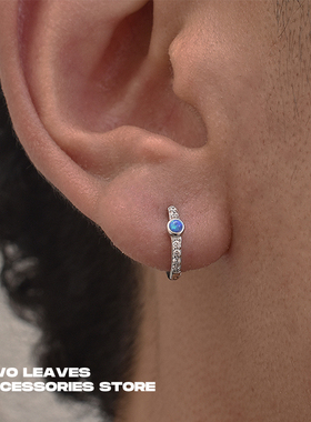 TWO LEAVES S925纯银镶钻蓝色澳宝耳环小众个性设计潮男女款耳圈