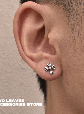 TWO LEAVES S925纯银复古做旧银十字架耳钉潮流百搭男女街头耳饰