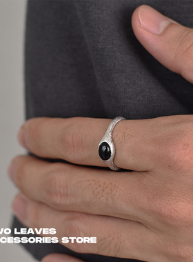 S925纯银黑玛瑙磨砂戒指