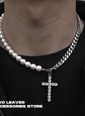 TWOLEAVES男女古巴链珍珠十字架