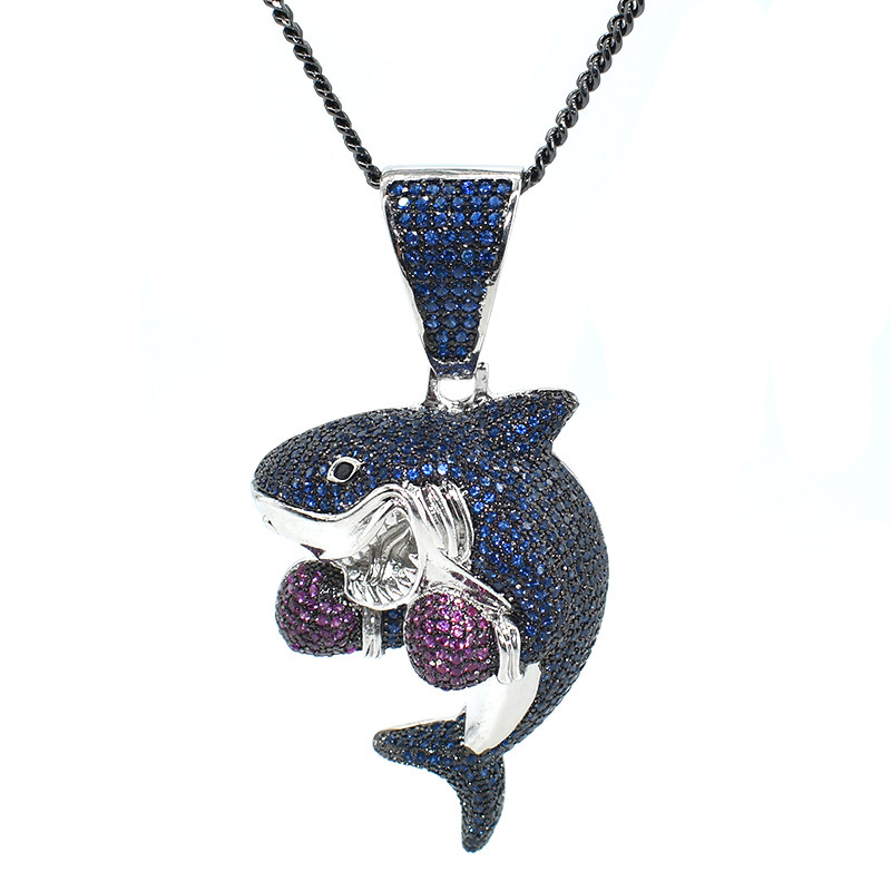 two leaves 欧美嘻哈微镶锆石鲨鱼拳击吊坠满钻hiphop潮说唱项链