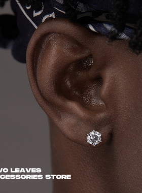 s925 TWO LEAVES 纯银钻石六爪耳钉欧美嘻哈锆石hiphop男女百搭款