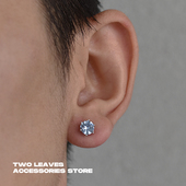 TWO LEAVES S925纯银六爪浅蓝色锆石耳钉高级感男女潮流街头耳饰