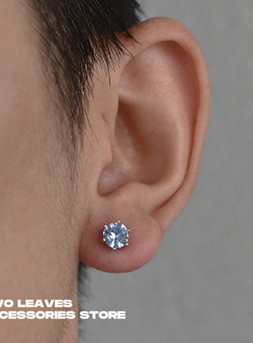 TWO LEAVES S925纯银六爪浅蓝色锆石耳钉高级感男女潮流街头耳饰