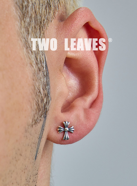 TWO LEAVES S925纯银复古做旧银十字架耳钉潮流百搭男女街头耳饰
