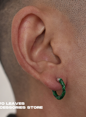 TWO LEAVES S925纯银C形绿色耳钉潮流男女街头嘻哈欧美个性耳环