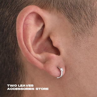 耳环镶钻耳饰 S925纯银锆石C形耳钉简约设计潮流男女款 TWO LEAVES
